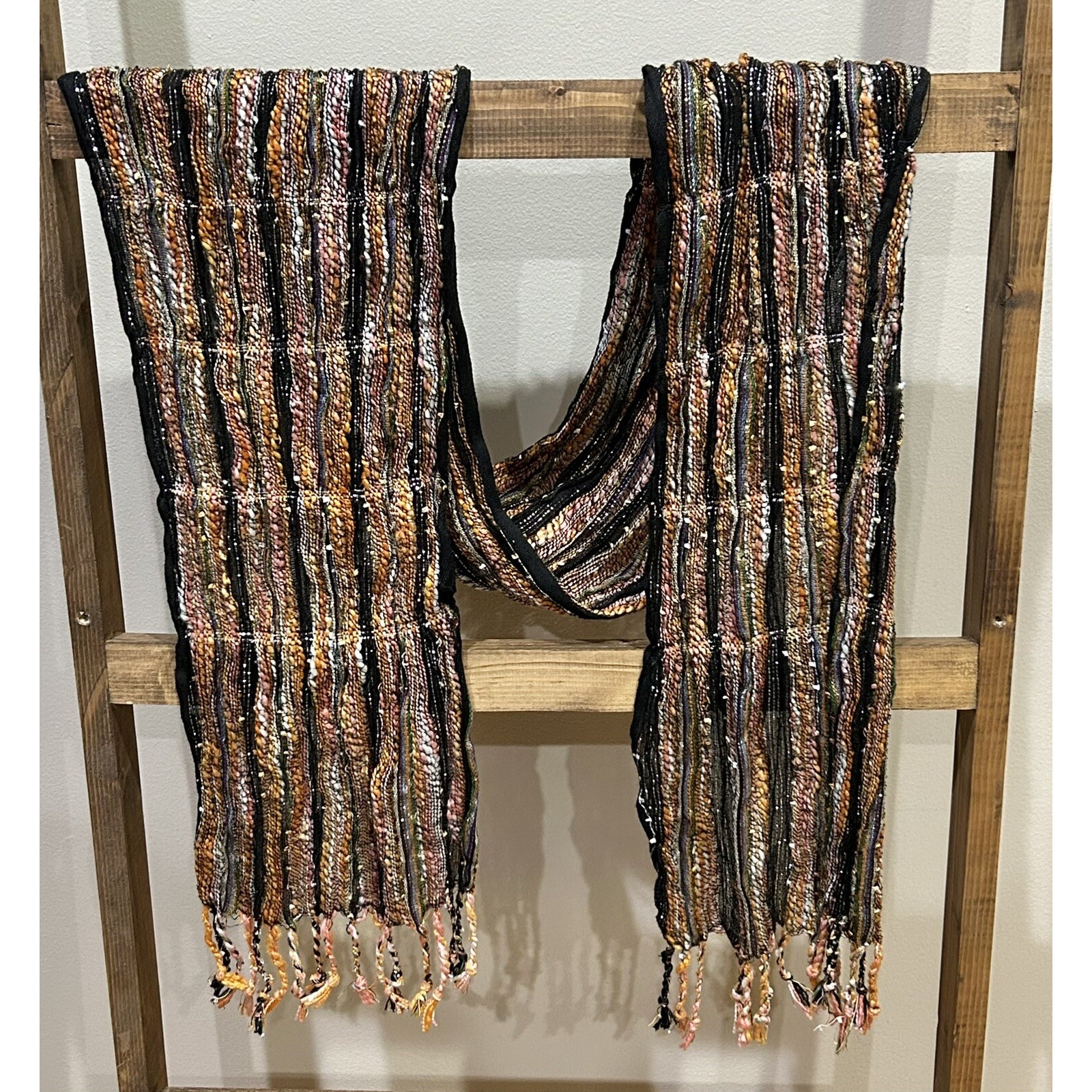 Boho Striped Designed & Fringed Multicolored Scarf Approx 13"X 72"